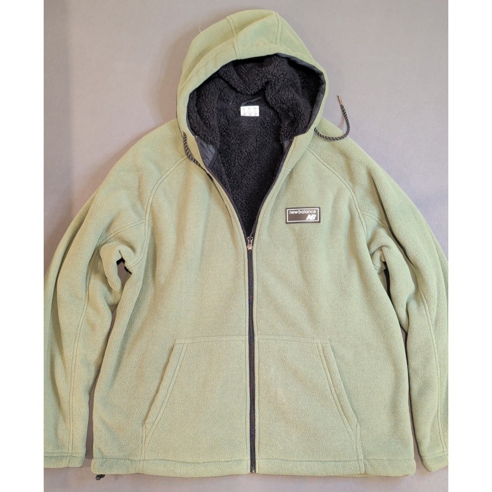 New Balance Sherpa Lined Fleece Hoodie Jacket Green Mens L Full Zip Hooded